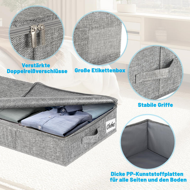 Unterbett Aufbewahrungsbox mit Deckel 13cm hoch, 2 Stück Faltbar Unterbettkommode, Waschbar Kleidera