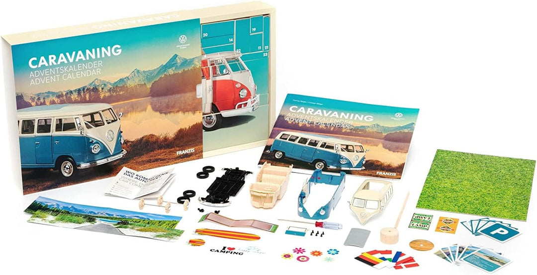 FRANZIS 55115 - Caravaning Adventskalender, VW Bulli T1 Metall Modellbausatz im Massstab 1:24, mit 5