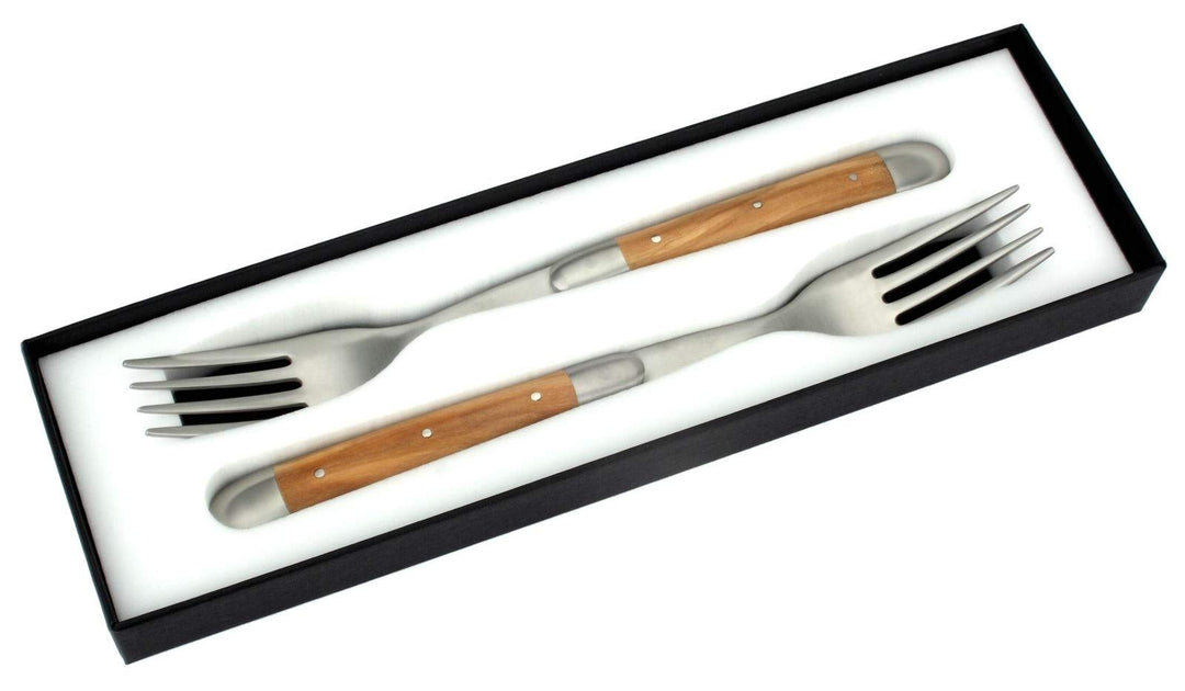 Forge de Laguiole - 2er Set Gabeln - Griff Oliven-Holz - Steakgabeln Frankreich - Stahl matt