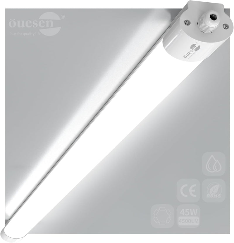 Feuchtraumleuchte LED 150CM, Werkstattlampe 45W 4500LM, Kellerlampe 5000K, Garagenleuchte IP66 Wasse