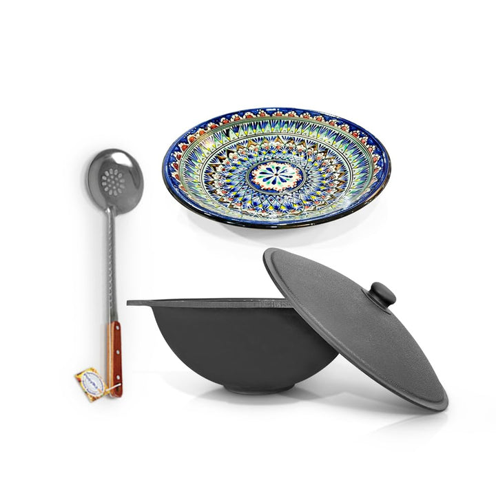 Kochtopf Kasan Set 12L – Usbekischer Gusseisen Kazan Dutch Oven mit flachem Boden, Deckel, Holzlöffe