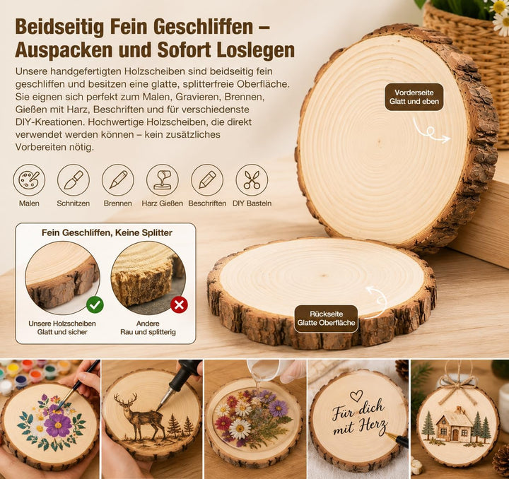 12er Set Holzscheiben 20 cm Durchmesser,Baumscheiben Naturholz mit Rinde,Runde Holzscheiben zum Bast
