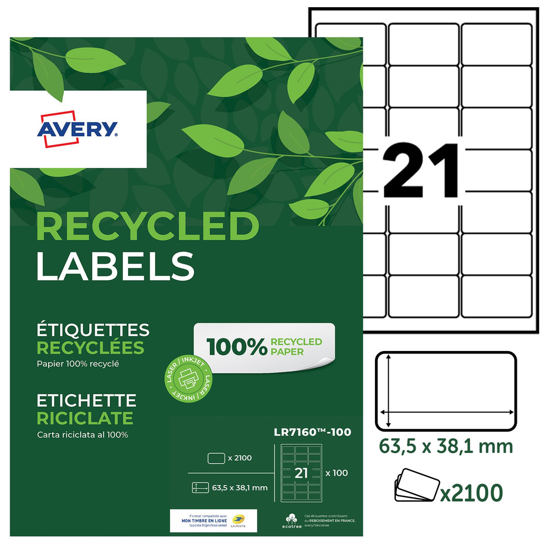 AVERY Zweckform LR7160-100 Adress-Etiketten (A4, 2.100 Stück, Recycling, 63,5 x 38,1 mm, 100 Blatt)
