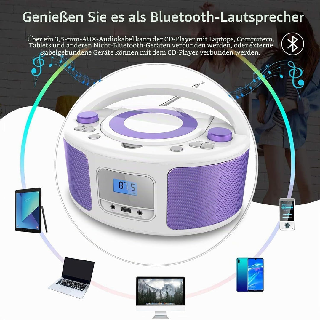Tragbarer CD-Player Boombox mit Bluetooth | Fernsteuerung | FM-Radio | USB | MP3-Wiedergabe | Kompat