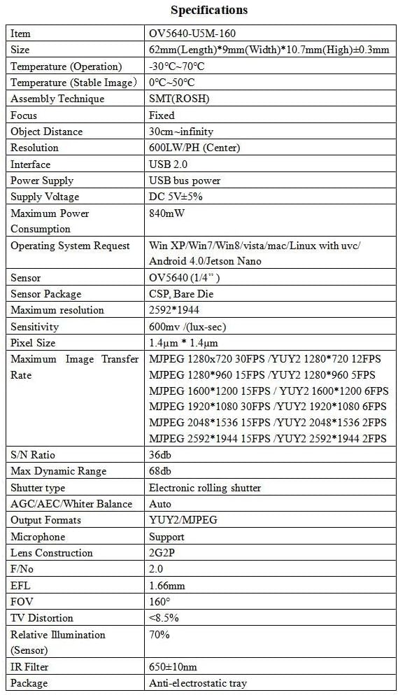 OV5640 USB-Kameramodul 5MP Festfokus 160°-Kamera für Win XP/7/8/Vista/Mac/Linux/Android 4.0/Jetson N