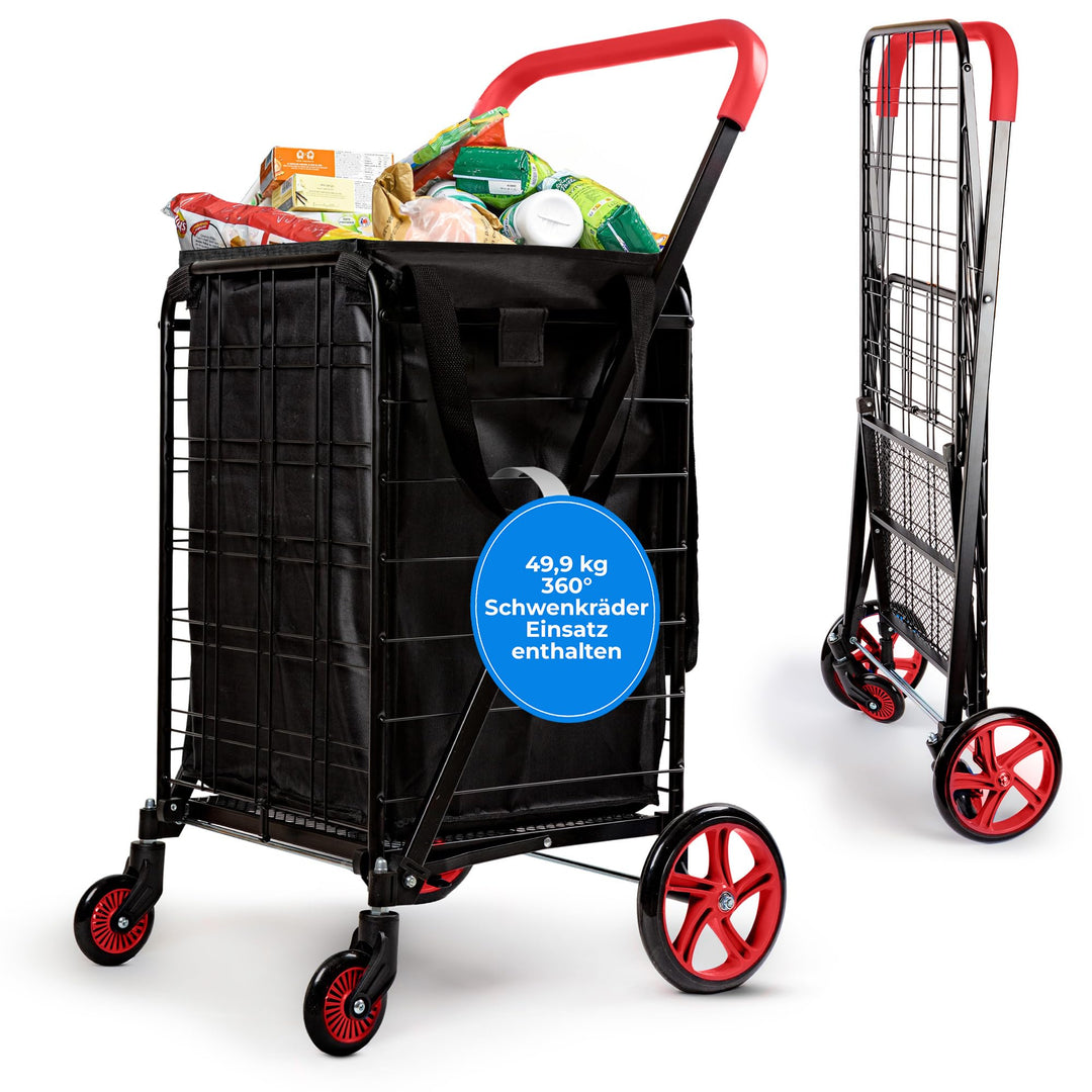 SereneLife Einkaufswagen, Einkaufstrolley Klappbar, Shopping Cart mit 50L Kapazität, Einkaufstrolley
