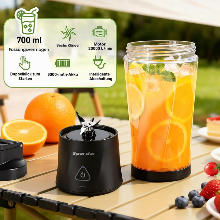 Smoothie Maker to go, 700 ml Portable Blender, 6000 mAh, Selbstreinigungsfunktion, Inklusive 6 Schar