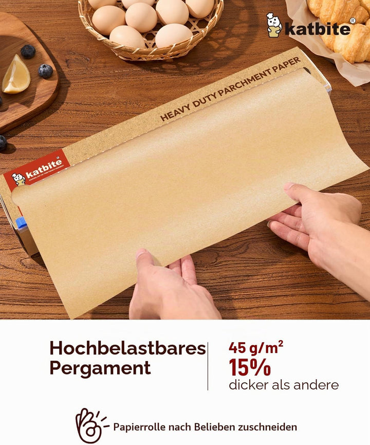 Katbite Ungebleichtes Pergamentpapier zum Backen, 38,1 cm x 64 m, 260 m², robustes Backpapier mit Gl