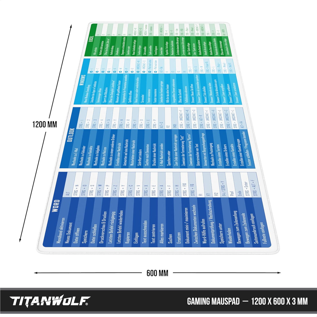 TITANWOLF - XXL Speed Gaming Mauspad 1200 x 600mm - Excel Windows Outlook Word Shortcut Tastenkürzel
