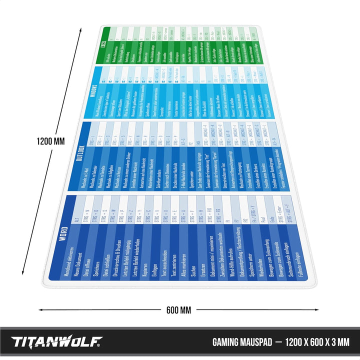 TITANWOLF - XXL Speed Gaming Mauspad 1200 x 600mm - Excel Windows Outlook Word Shortcut Tastenkürzel