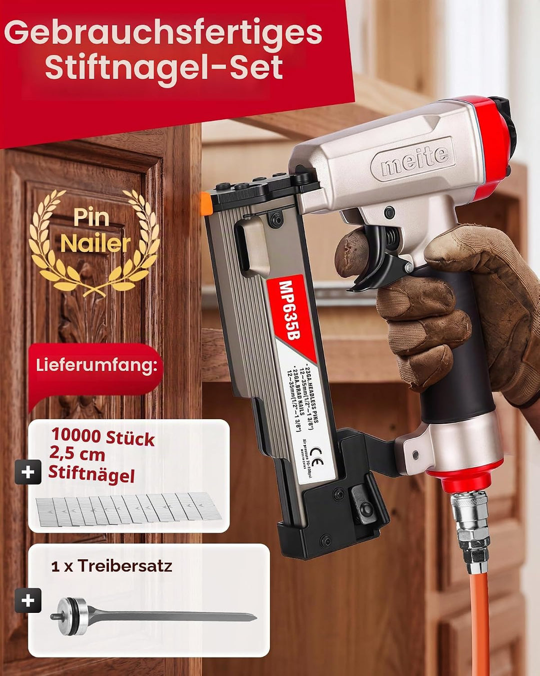 meite MP635B 23-Gauge Stiftnagler mit 10.000 Stück 25 mm Stiftnägel, kompakte pneumatische Pin-Nagle