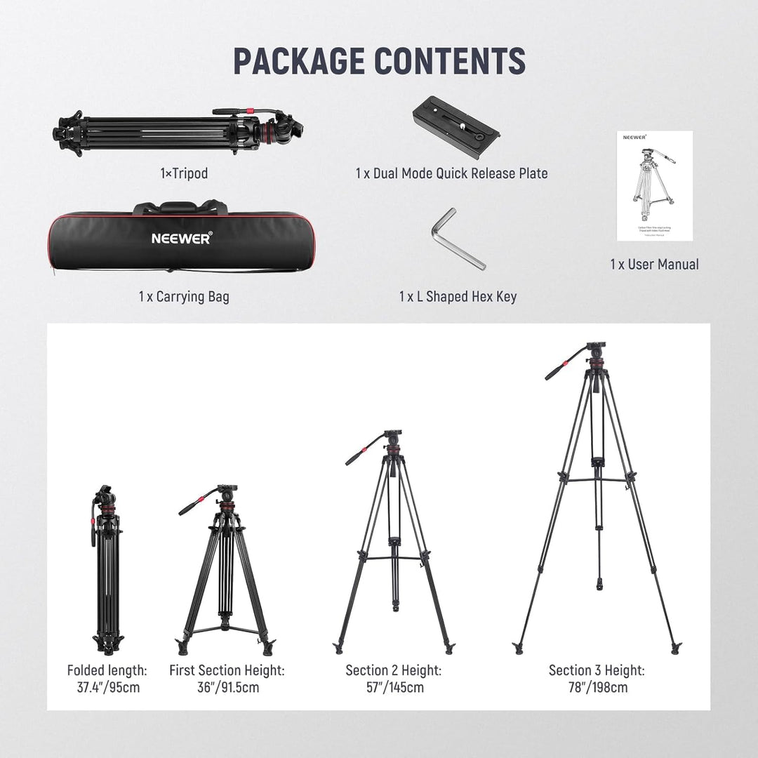 NEEWER 78" Video Tripod Kohlefaser, EIN Schritt Schnellspanner Kamera Stativ mit Einstellbarer Dämpf