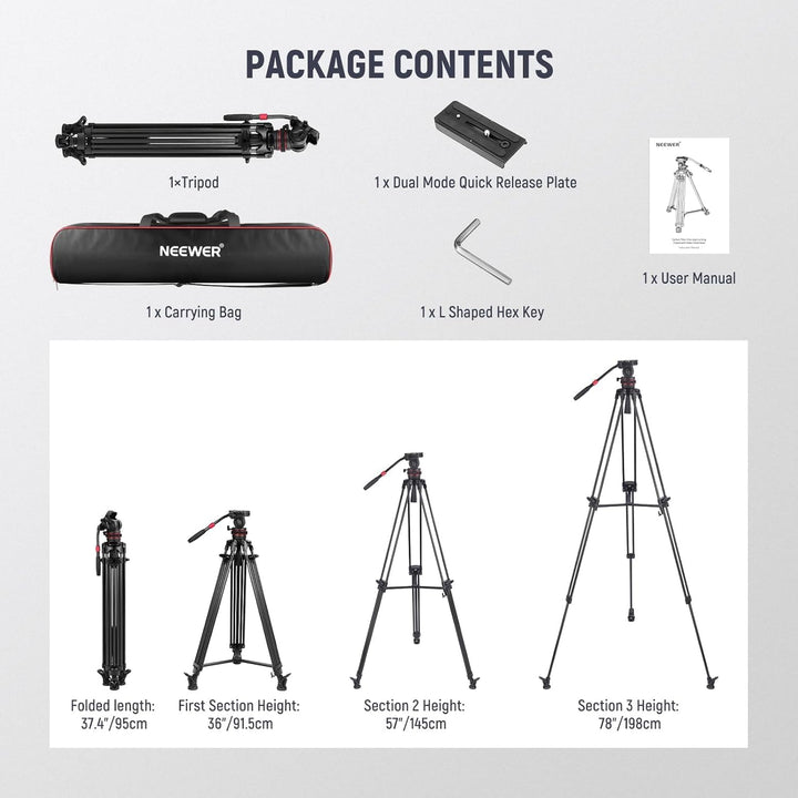 NEEWER 78" Video Tripod Kohlefaser, EIN Schritt Schnellspanner Kamera Stativ mit Einstellbarer Dämpf