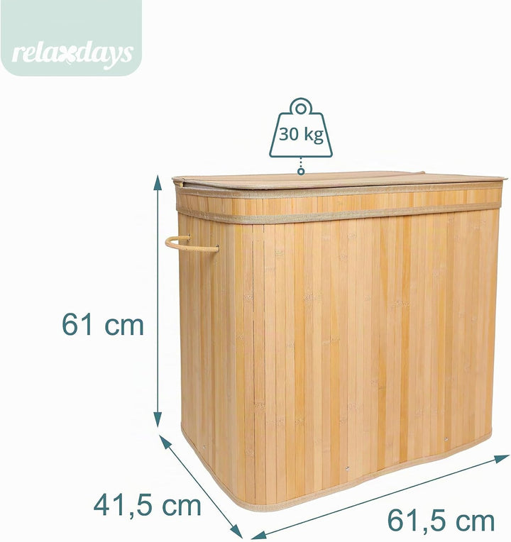 Relaxdays Wäschekorb mit Deckel, Bambus, 150 l, 3 Fächer, HxBxT: 61,5 x 61 x 41,5 cm, Badezimmer Wäs