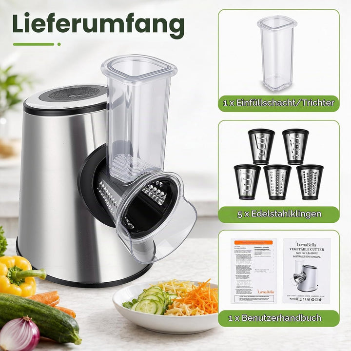 Elektrische 5-in-1 Gemüsehobel 800W, Gemüseschneider mit 5 Edelstahl-Trommeln, Gemüseschneider Elekt