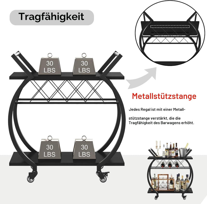 LVB Servierwagen mit Rollen, Barwagen mit Weinregal, Küchenwagen mit 2 Ebenen, Weinwagen, Getränkewa