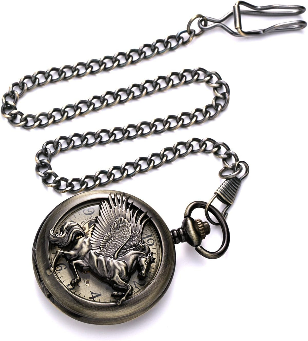 TREEWETO Unisex Taschenuhr mit Kette Analog Handaufzug Retro Pegasos Geflügeltes Pferd Bronze