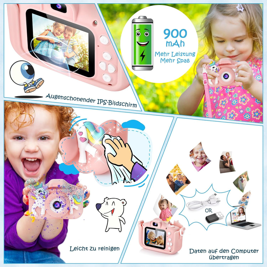 Kinderkamera, Digitalkamera Kinder mit HD IPS Bildschirm, 10 Denkspiele & Vollständiger Objektivschu