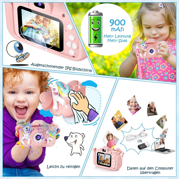 Kinderkamera, Digitalkamera Kinder mit HD IPS Bildschirm, 10 Denkspiele & Vollständiger Objektivschu
