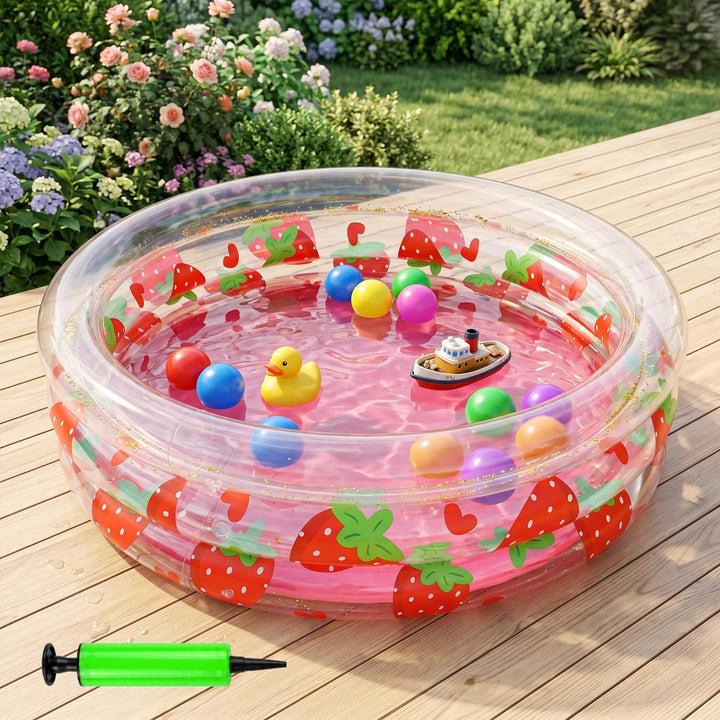 Aufblasbarer Pool, 90x25 cm, Aufblasbares Planschbecken, Paddling Pool, Pailletten-Erdbeermuster, in