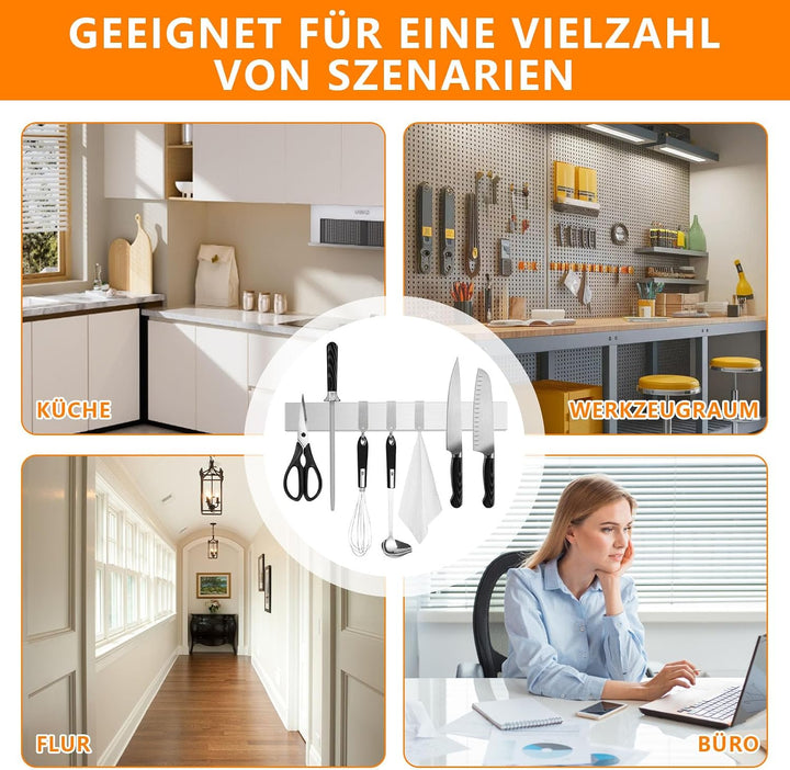 50cm Magnetleiste Messer Selbstklebend mit 3 Haken | Messerhalter Magnetisch, Messermagnete Wand Ohn