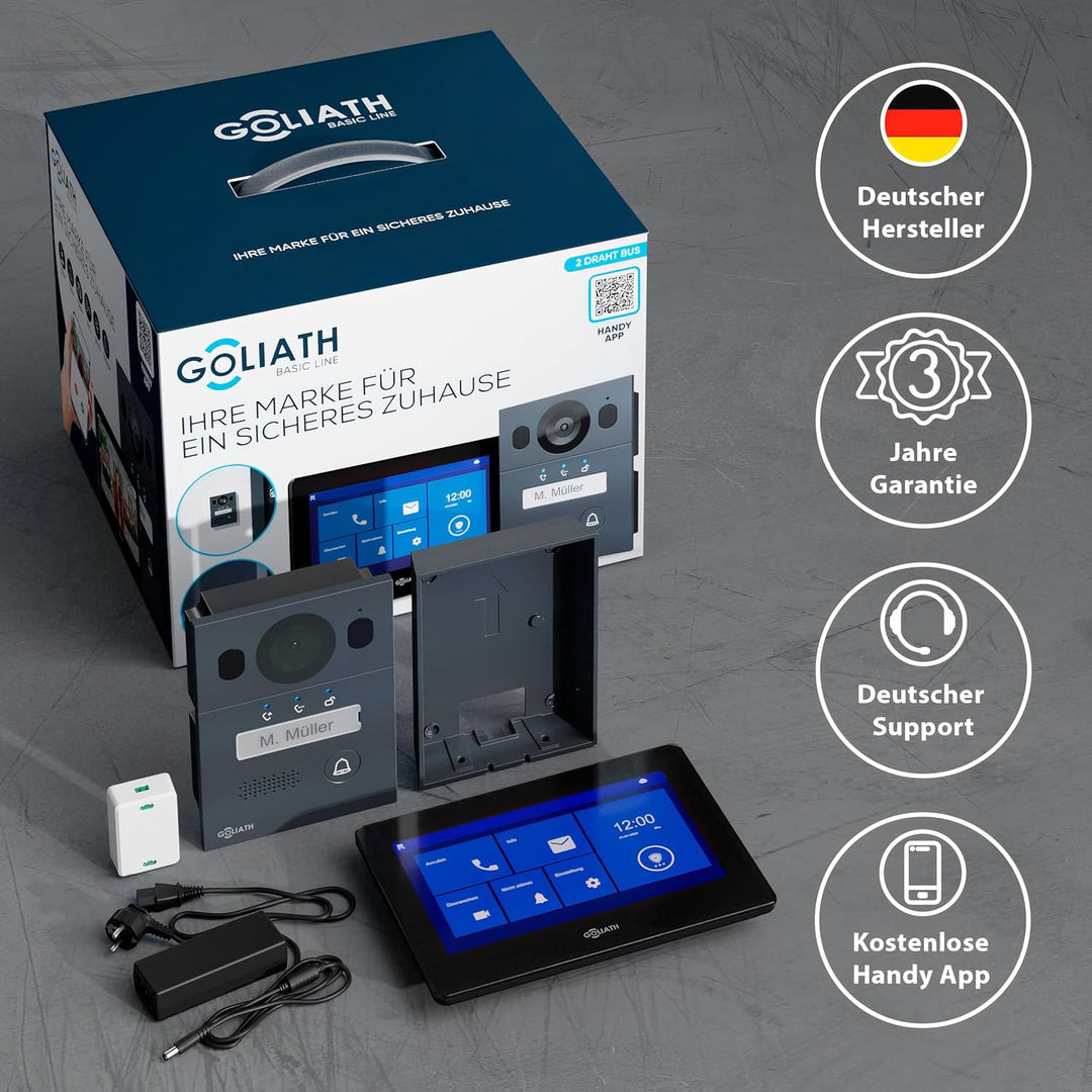 Goliath Basic Video Türsprechanlage, 2 Draht Bus, 7 Zoll Monitor, Aufputz Türklingel mit Kamera, Geg