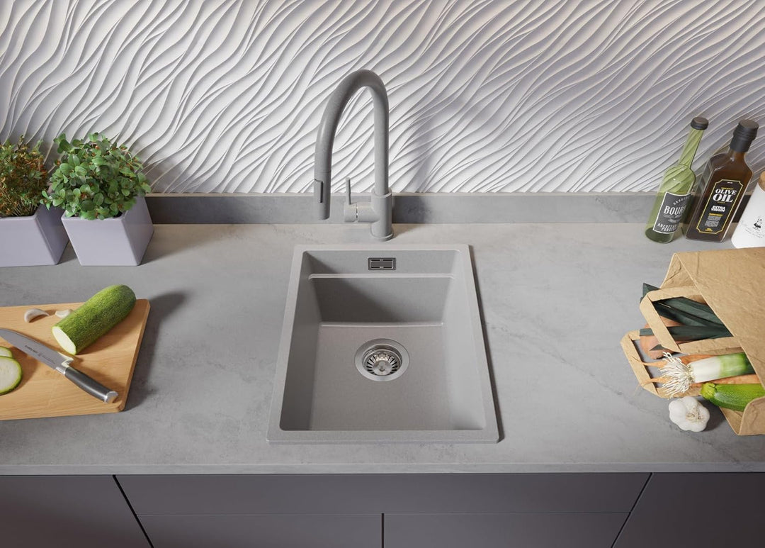 PRIMAGRAN Spülbecken Alles Weiss - Prag Level Slim, 36x47cm | Granitspüle 1 Becken + Ablauf-Set, Küc