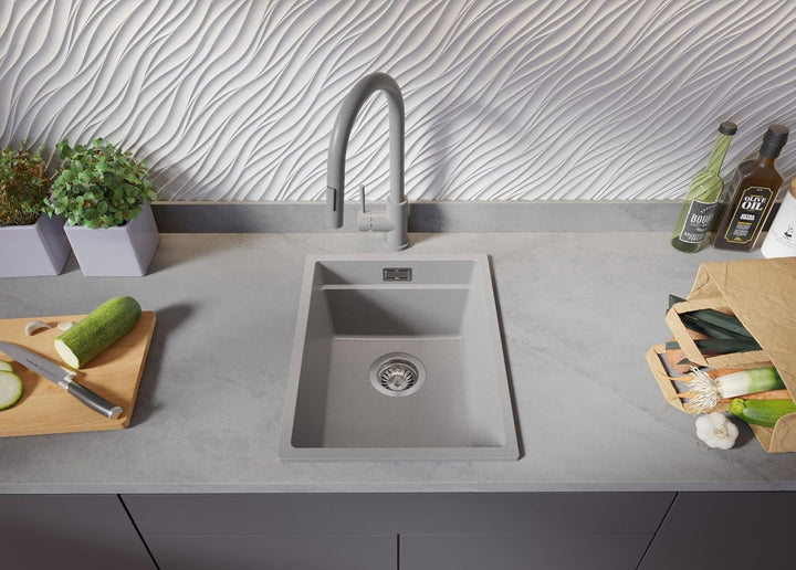 PRIMAGRAN Spülbecken Alles Weiss - Prag Level Slim, 36x47cm | Granitspüle 1 Becken + Ablauf-Set, Küc