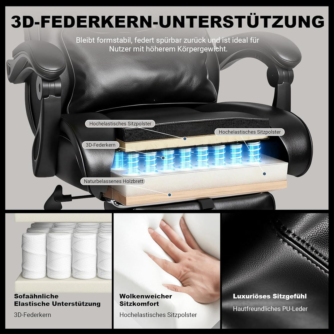 BASETBL Bürostuhl 200kg, Chefsessel mit 4-stufiger Gasdruckfeder, 3D Armlehnen, Verstellbarer Lenden