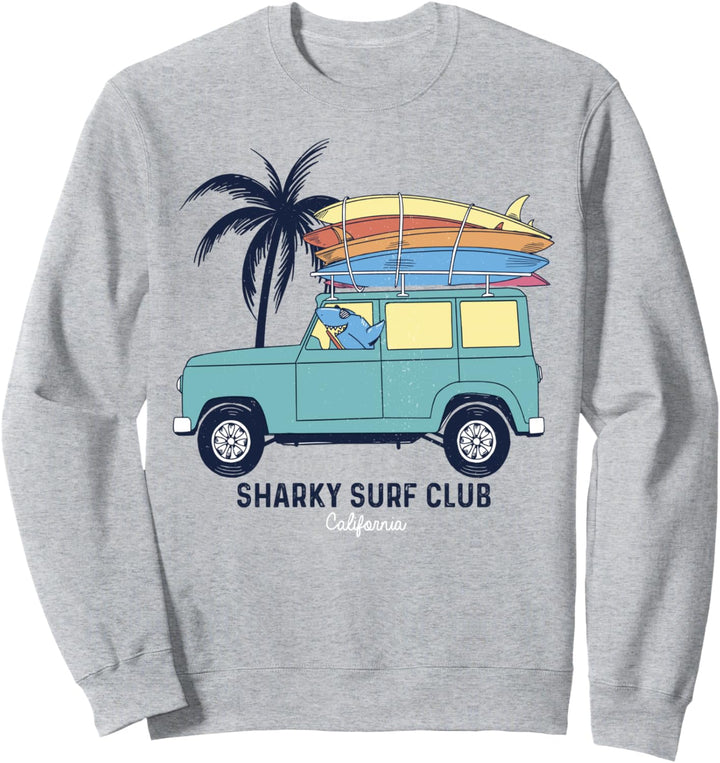 Sharky Surf Club Shark In Surfboard Van Cartoon Sweatshirt