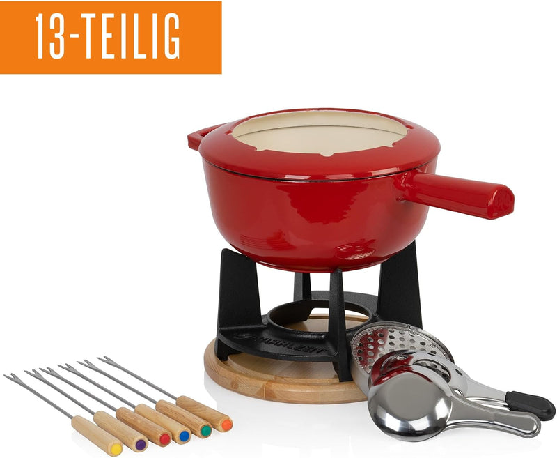 Mahlzeit Gusseisen Fondue Set für 6 Personen | 2 Liter | Fondueset 13 teilig mit Brenner und Gabeln