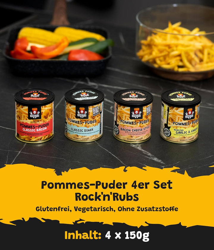 Rock'n'Rubs® Pommes-Puder 4er Set Classic Bacon, Bacon Cheese, Roasted Garlic & Cheese – Würzmischun