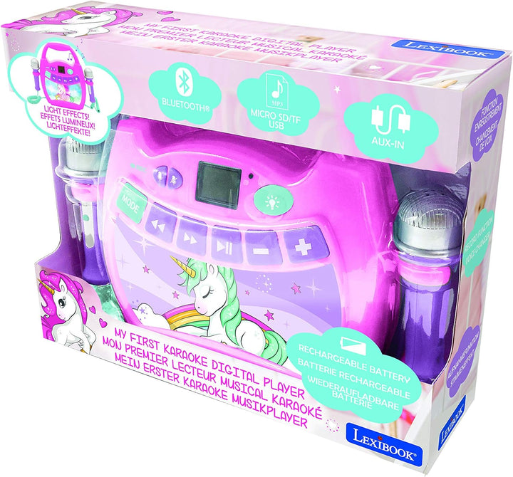 Lexibook MP320UNIZ Einhorn-Tragbarer digitaler Karaoke-Player für Kinder-Mikrofone, Lichteffekte, Bl