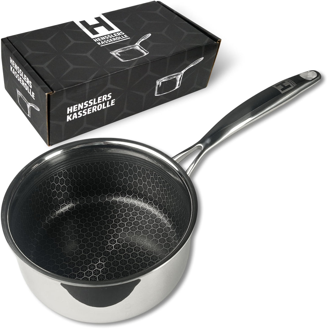 HENSSLERS® Stielkasserolle 16cm [ALLE HERDARTEN] - Saucepan aus Edelstahl - Stieltopf mit innovative