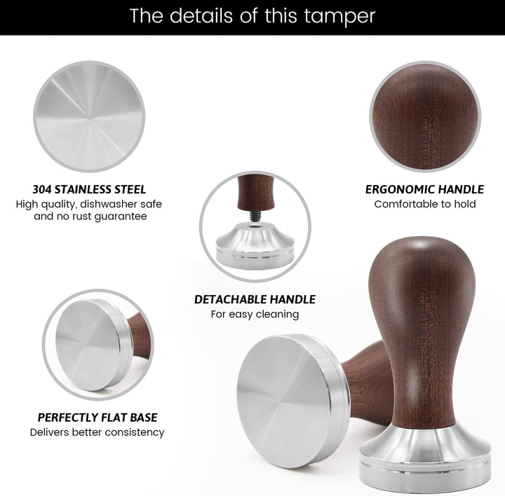 51mm Kaffee Tamper Set 304 Edelstahl Base Holzgriff Siebträgermaschine Zubehör Espresso Tamper mit T