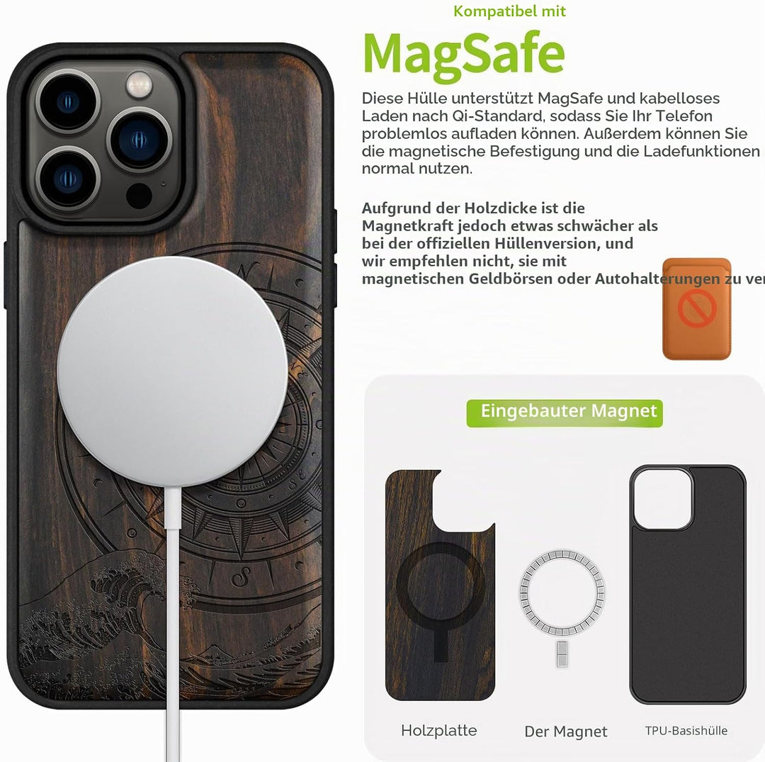 Carveit Holz Cover für iPhone 15 Pro Max Handyhulle kompatibel mit MagSafe Massivholz für Apple 15 p