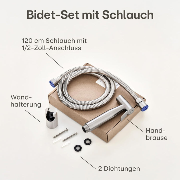 Praknu Bidet Set mit Handbrause, Schlauch &amp; Halter Edelstahl Rostfrei - Inkl. 2 Dichtungen - 𝗘𝗶𝗻𝗳𝗮𝗰𝗵