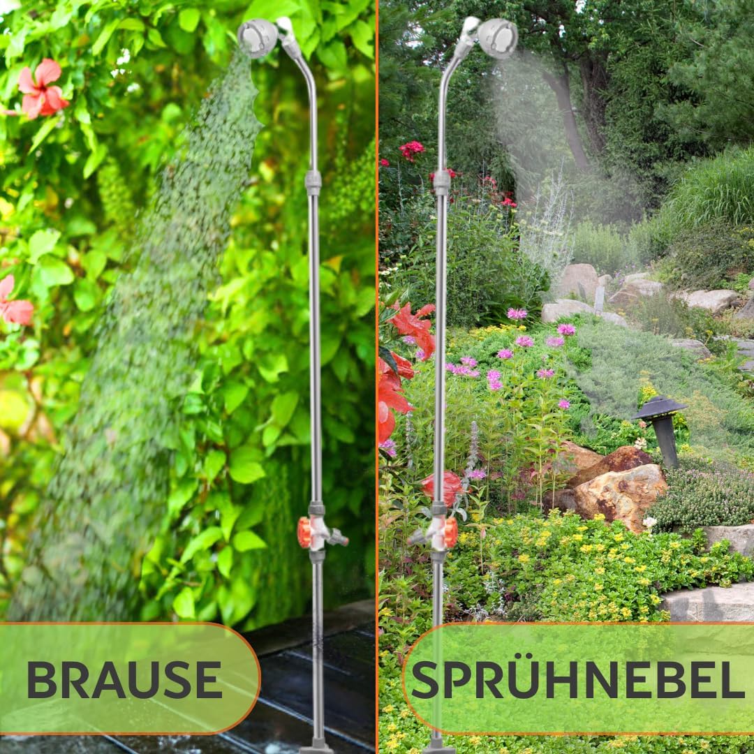 Gartendusche & Sprühnebel 2in1, Höhe 175-230 cm Sprühwinkel verstellbar Stabil mit Dreibein Aussendu