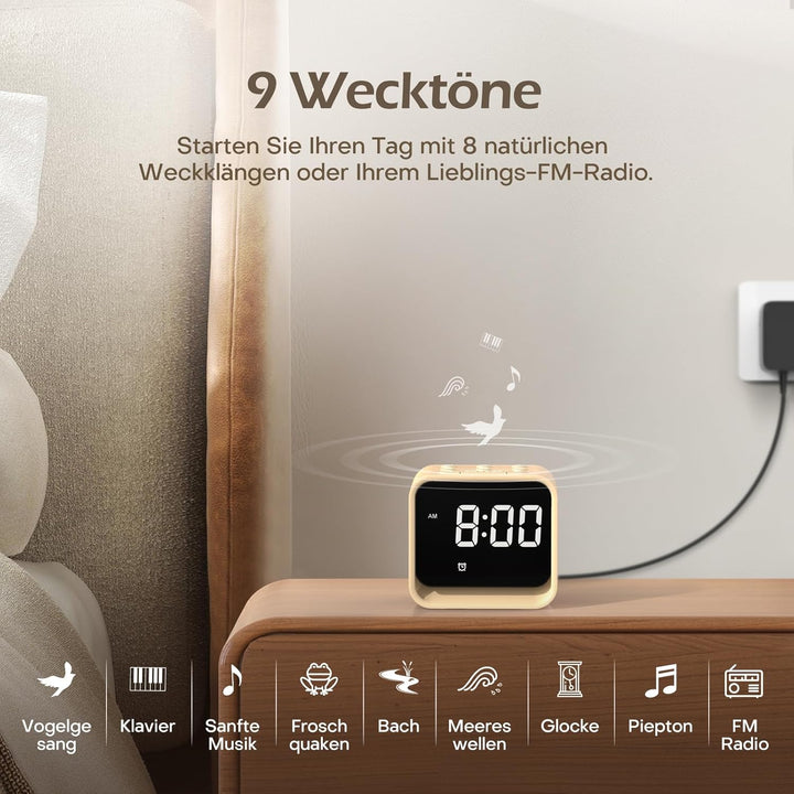 REACHER Radiowecker für das Schlafzimmer, Digitale FM Radiouhr mit Weissrausch-Soundmaschine, 9 Alar