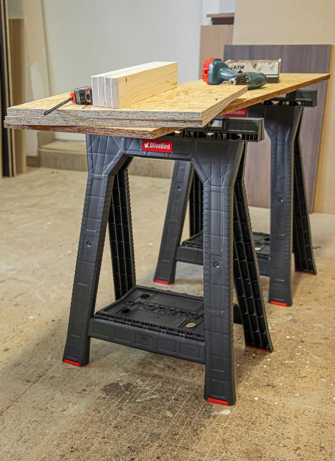OliveBird Arbeitsbock Set, klappbarer Unterstellbock mit Sägebock-Funktion und Werkzeug-Ablage, bela