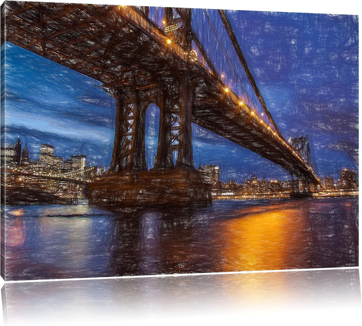 Pixxprint Manhatten Brücke New York / 100x70cm Leinwandbild bespannt auf Holzrahmen/Wandbild Kunstdr