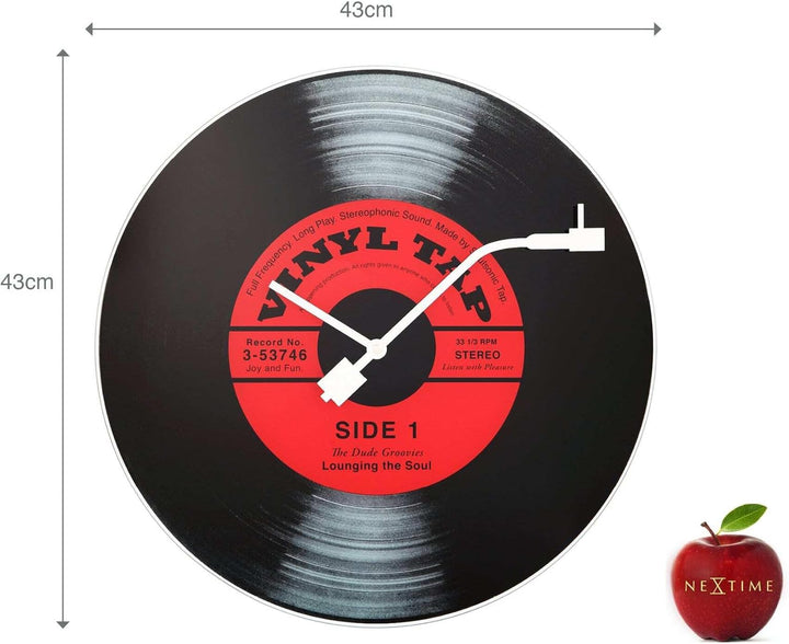 NeXtime 14-8141 Wanduhr VINYL TAP, Schallplatten-Design, aus Glas, ø 43 cm, Schwarz