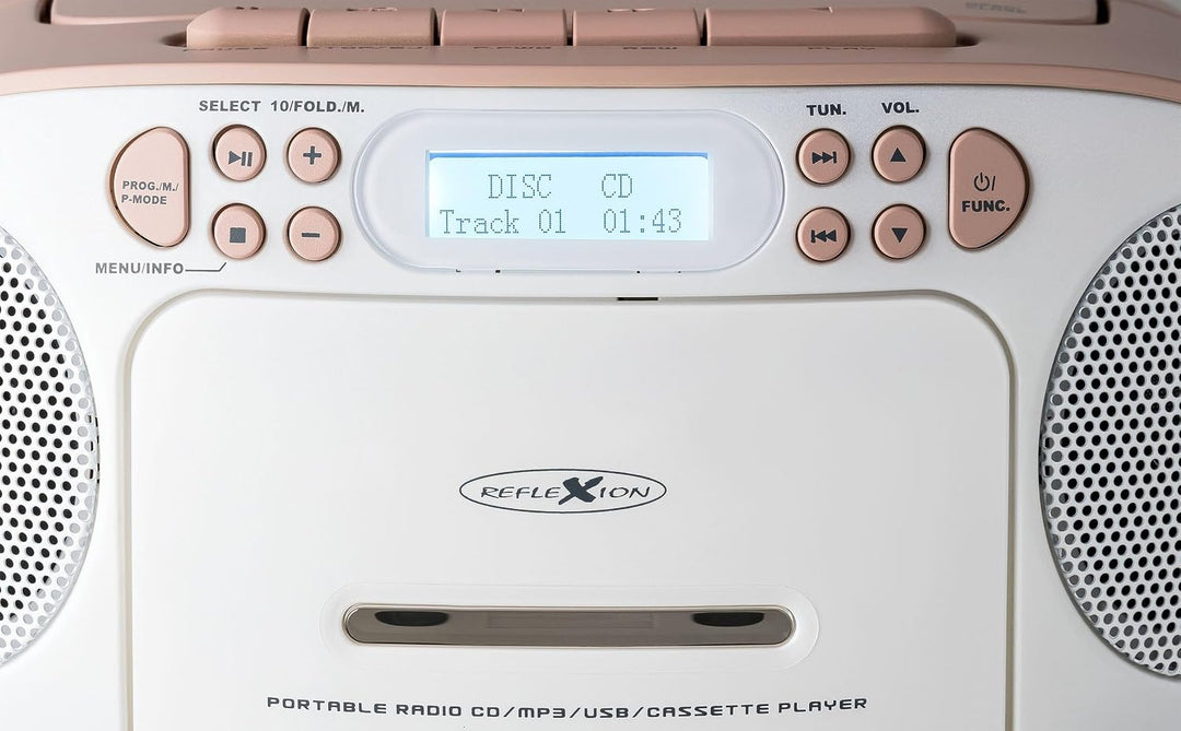 Reflexion RCR2260DAB/PK, Tragbares CD/MP3-Cassetten-USB-DAB+-Stereo Radio (2x12 Watt max. Musikleist