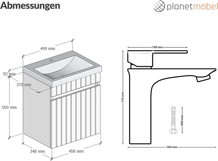 Planetmöbel Cosmia Badmöbel Set Waschbecken mit Unterschrank 50 x 60 x 35 cm Weiss, Armatur Badezimm