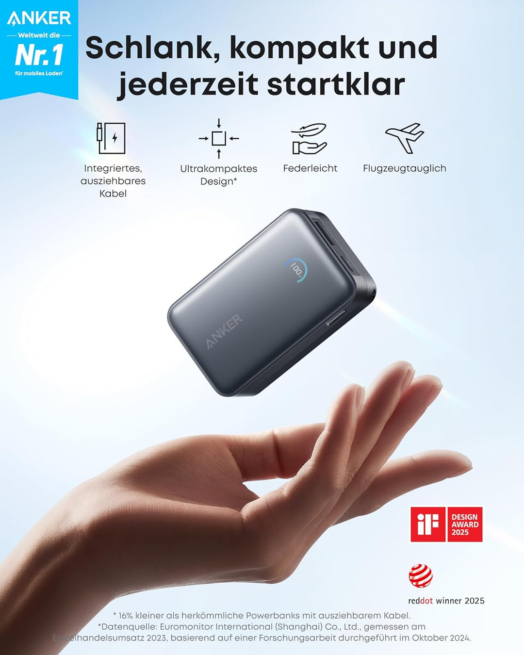 Anker Nano Powerbank,10.000mAh Externer Akku mit 70cm Anker InstaCord Einzugskabel, 45W Max Kompakte
