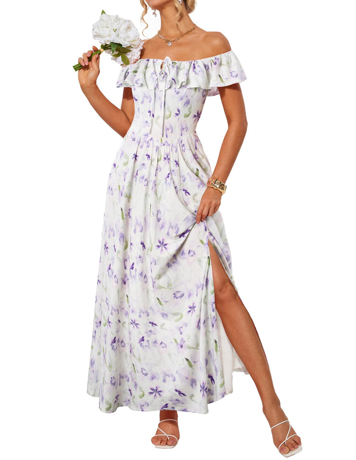 GRACE KARIN Damen Sommerkleid Lang Schulterfrei Rüschen Schlitz Boho Blumenkleid Elegant Hochzeitsgä