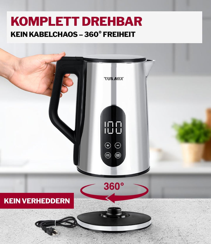 Turmix Wasserkocher mit Temperatureinstellung – 1,7L Digitaler Wasserkocher edelstahl mit LED-Anzeig