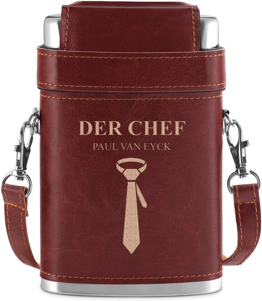 Maverton Flachmann mit Gravur - personalisiert - 250 ml - 3x10 ml Becher - aus Edelstahl - Ledertasc