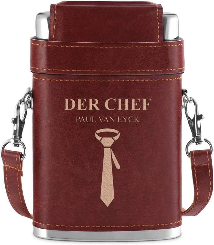 Maverton Flachmann mit Gravur - personalisiert - 250 ml - 3x10 ml Becher - aus Edelstahl - Ledertasc