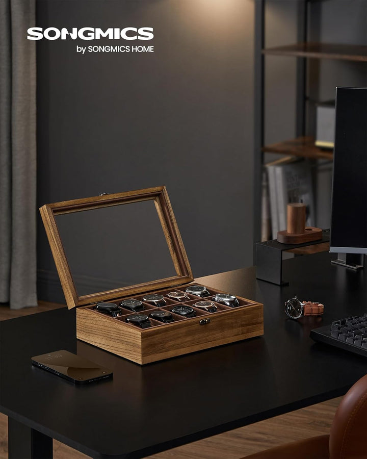 SONGMICS Uhrenbox mit 10 Fächern, Uhrenkasten aus Massivholz, mit Glasdeckel, Uhrenkissen, Geschenk